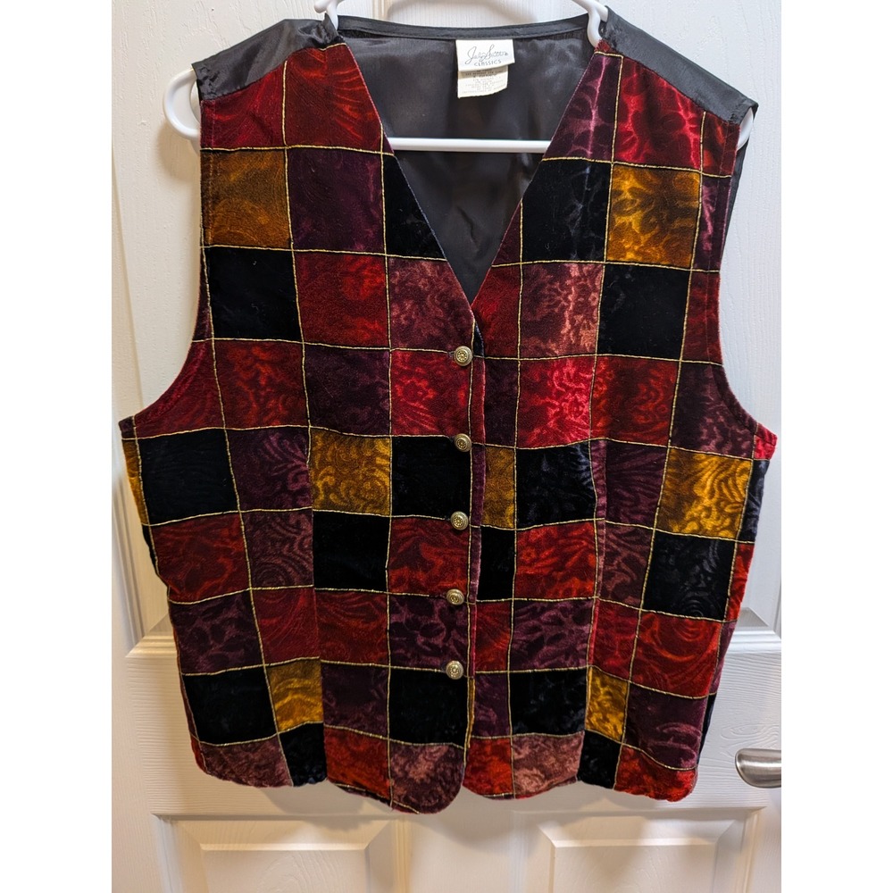 Vintage Jaclyn Smith Classics Velvet Patchwork Vest XL Red Gold Whimsigoth USA